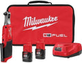 Milwaukee M12 FUEL cordless ratchet kit in red carrying case with charger and bits