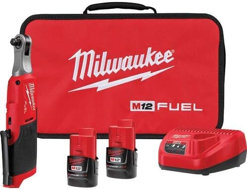 Milwaukee M12 FUEL cordless ratchet kit in red carrying case with charger and bits