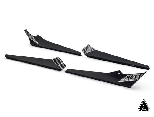 Pair of black rock sliders featuring diamond-plate inserts on the side steps