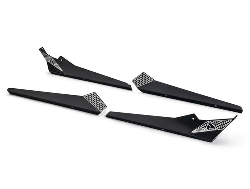 Black rock slider set with diamond-pattern step plates and angled side kickout ends
