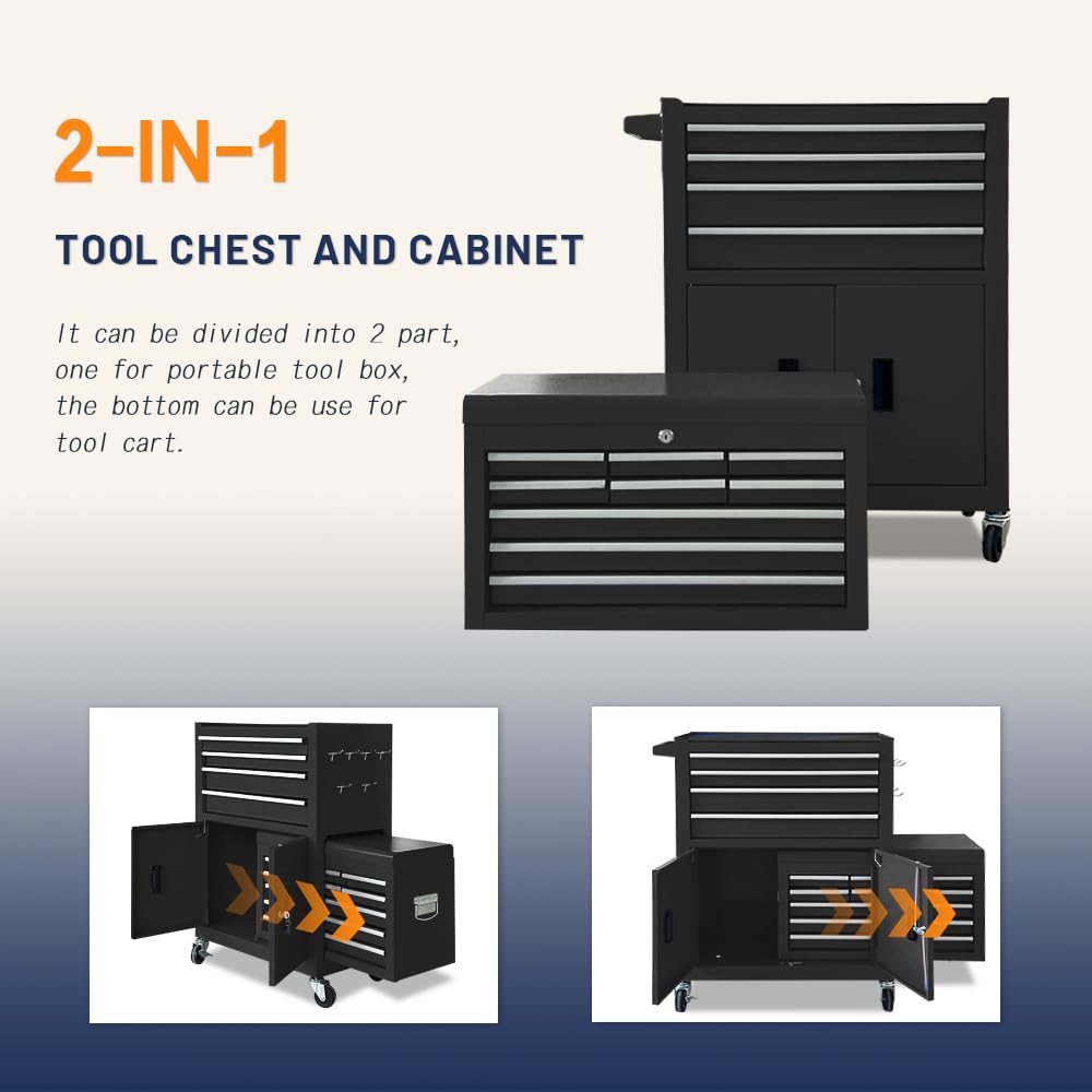 Sormols 13-Drawer Double Door Rolling Tool Chest, 2 in 1 Detachable Tool Chest,Tool Box with Drawers and Wheels, Large Tool Cabinet with Lock, Metal Standing Toolbox for Garage Workshop-Black