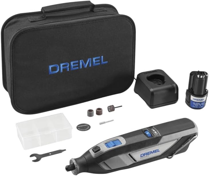 Dremel cordless rotary tool kit with black case and handheld rotary tool plus accessories