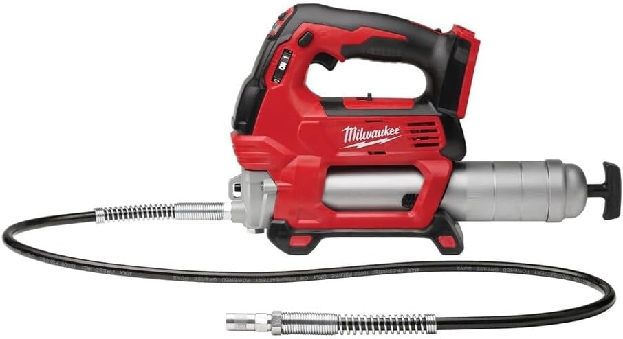 Milwaukee M18 2-speed grease gun with flexible hose and coupler, red and gray.