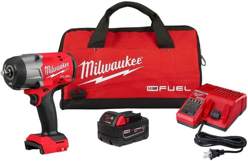 Red Milwaukee M18 FUEL 1/2 high-torque impact wrench kit with battery and charger