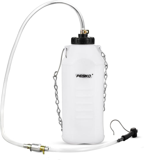 Brake fluid bleeder bottle with white reservoir, PESIKO cap, chain handle, and clear hose