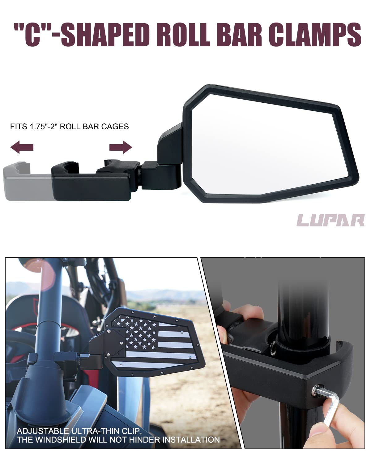 Lupar Aluminum UTV Side Mirrors Fits 1.75"-2" Roll Cage Bar America USA Flag Pattern Side Rear View Mirror for Polaris RZR XP Turbo Can-Am Maverick X3 Yamaha Talon Kawasaki Pioneer