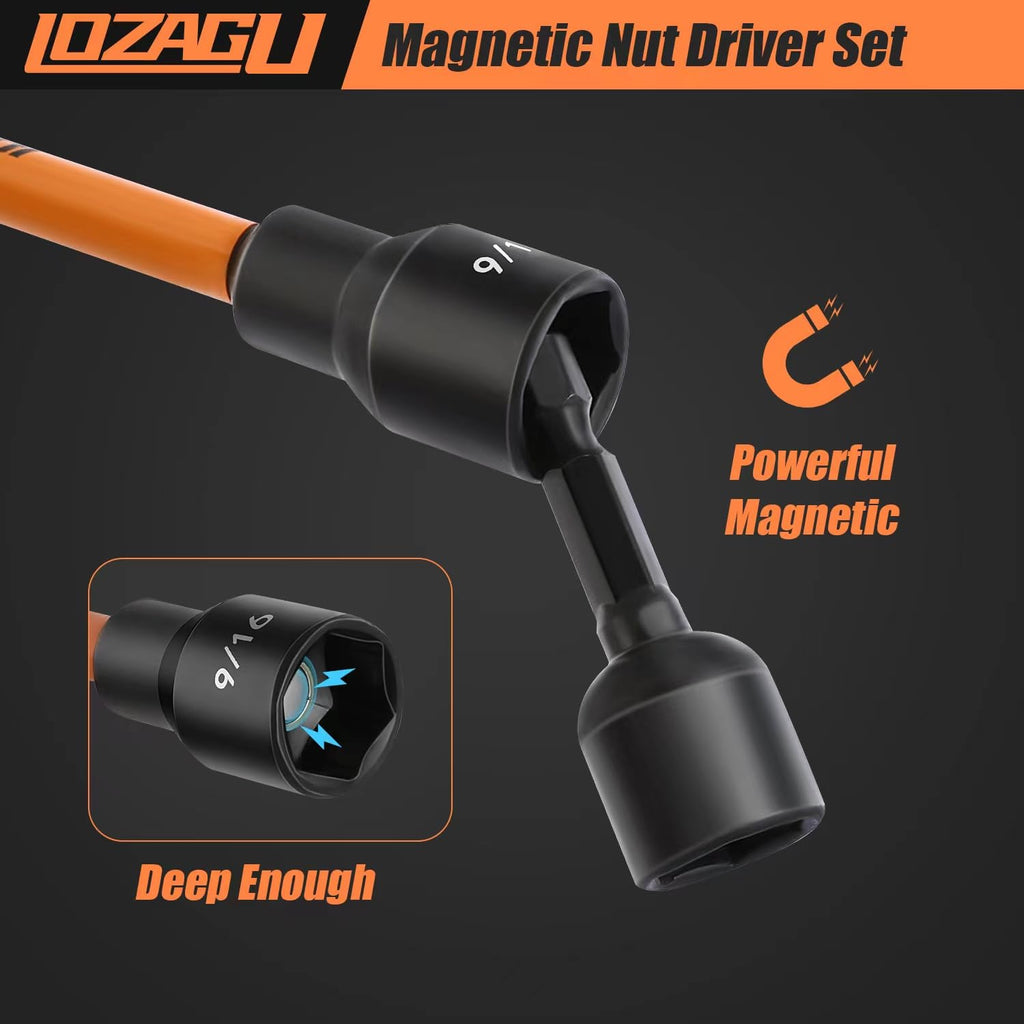LOZAGU 16Pcs Long Magnetic Nut Driver Set for Impact Drill | 6 Inch Long Nut Driver Set | SAE and Metric | 1/4 Inch Hex Shank | Cr-V Steel (16PCS Magnetic Nut Driver (Long))