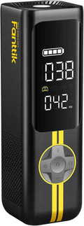Portable tire inflator air pump, black with yellow accents and digital display
