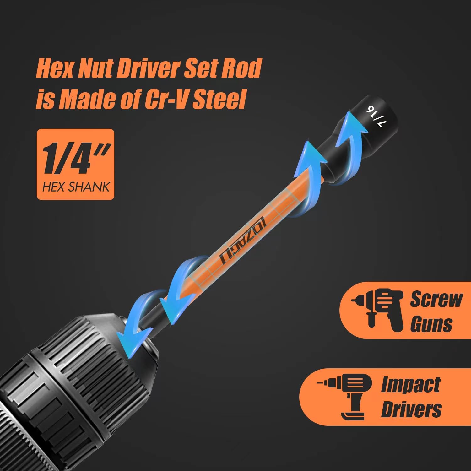 LOZAGU 16Pcs Long Magnetic Nut Driver Set for Impact Drill | 6 Inch Long Nut Driver Set | SAE and Metric | 1/4 Inch Hex Shank | Cr-V Steel (16PCS Magnetic Nut Driver (Long))