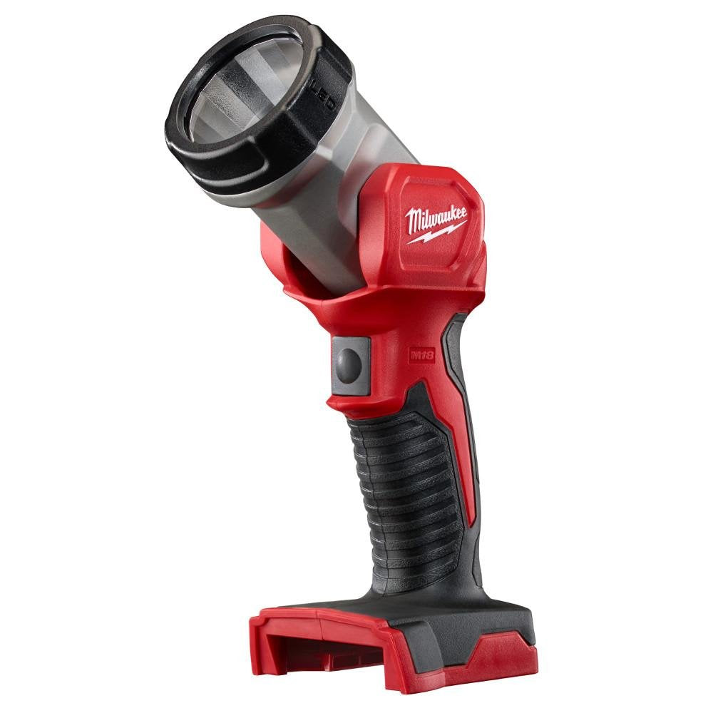 Milwaukee M18 LED work light with red and black handle, adjustable head
