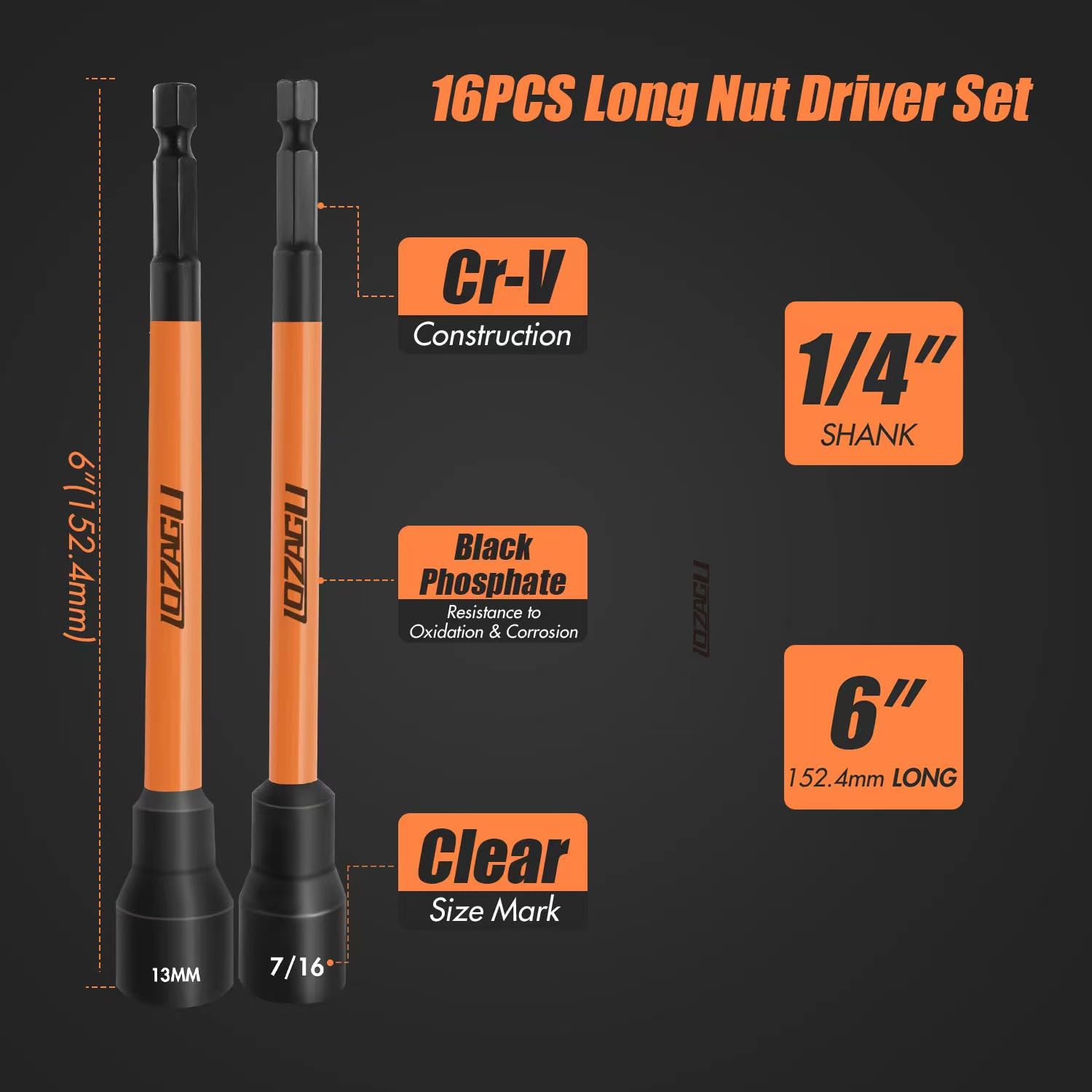 LOZAGU 16Pcs Long Magnetic Nut Driver Set for Impact Drill | 6 Inch Long Nut Driver Set | SAE and Metric | 1/4 Inch Hex Shank | Cr-V Steel (16PCS Magnetic Nut Driver (Long))