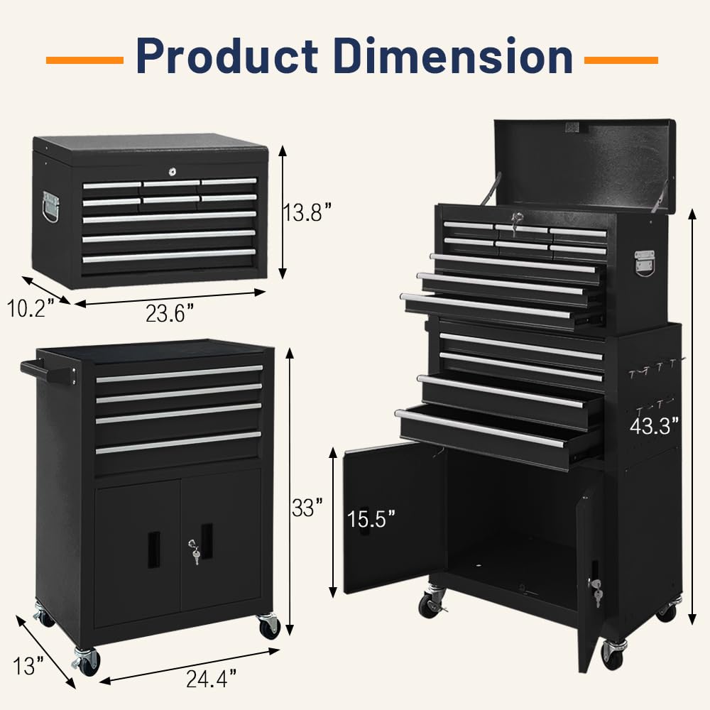 Sormols 13-Drawer Double Door Rolling Tool Chest, 2 in 1 Detachable Tool Chest,Tool Box with Drawers and Wheels, Large Tool Cabinet with Lock, Metal Standing Toolbox for Garage Workshop-Black