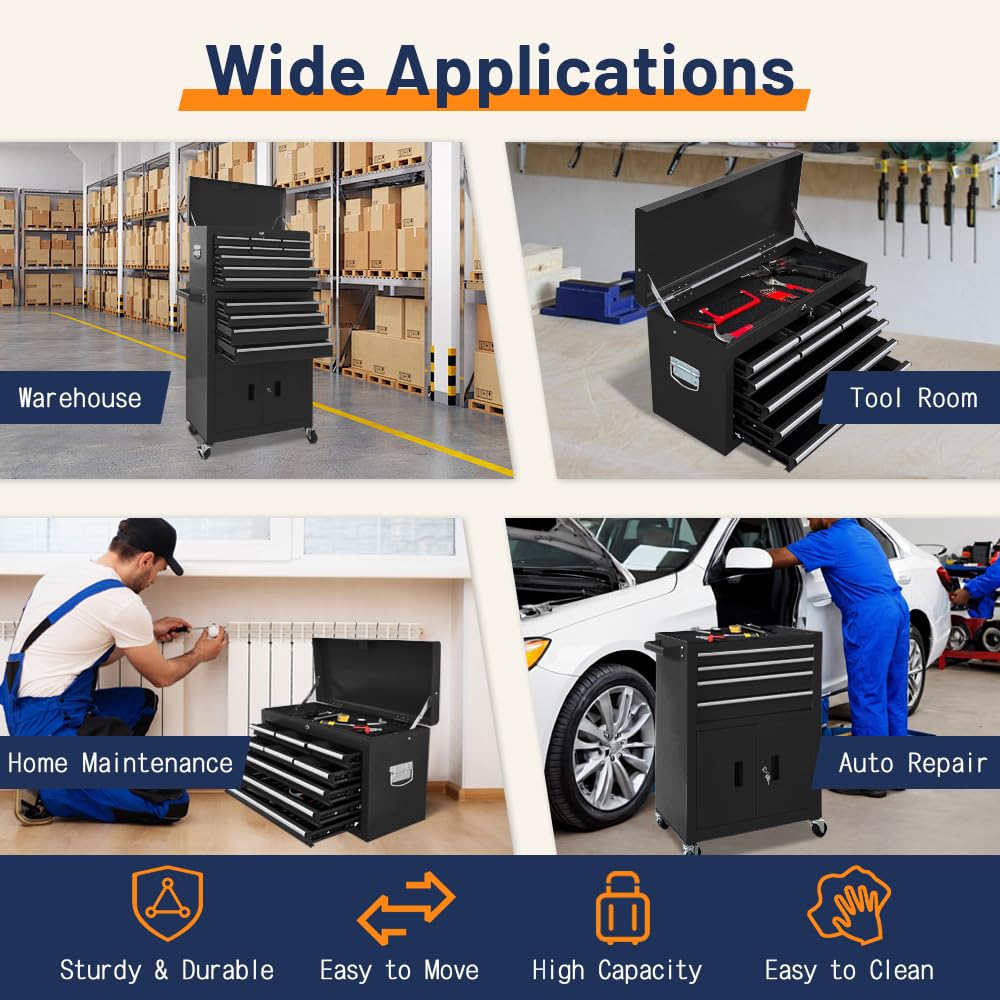 Sormols 13-Drawer Double Door Rolling Tool Chest, 2 in 1 Detachable Tool Chest,Tool Box with Drawers and Wheels, Large Tool Cabinet with Lock, Metal Standing Toolbox for Garage Workshop-Black