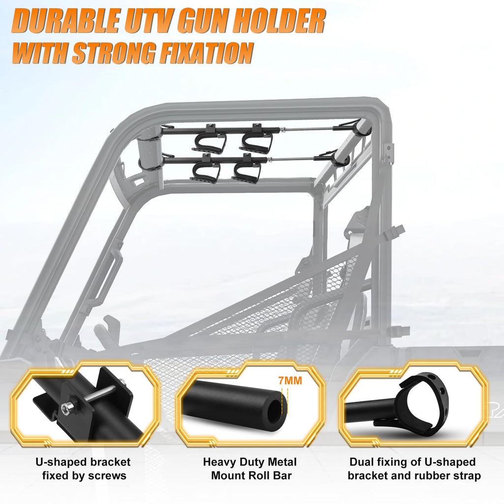 Drieaco UTV Overhead Gun Rack Fits 21-28" Spacing Roll Bars, Adjustable UTV Gun Holder Rifle Rack for Polaris Ranger Honda Pioneer Mule Uforce, Shovel Mount Bow Metal Holder Hunting Tool Roof Racks