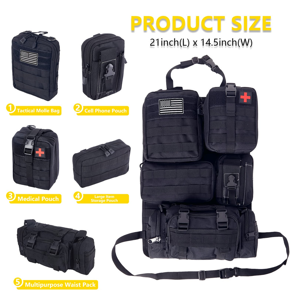 Universal Tactical Car Seat Back Organizer Bag Tactical Molle Vehicle Organizers Panel Vehicle Protector Organizers with 5 Detachable Pouches for Car Truck Ford Jeep (Black)