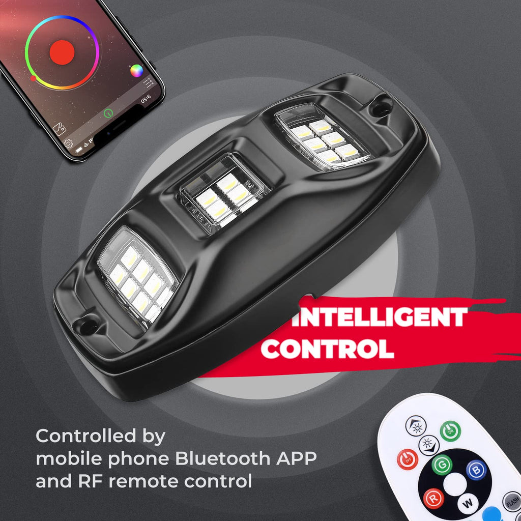 KEMIMOTO 4 Pods LED Rock Lights for Truck UTV, APP RF Dual Control Underglow Multicolor Neon Light Pod Universal Lighting for ATV, Car, Golf Cart, RV, Compatible with Can-Am X3 Polaris RZR Sportsman