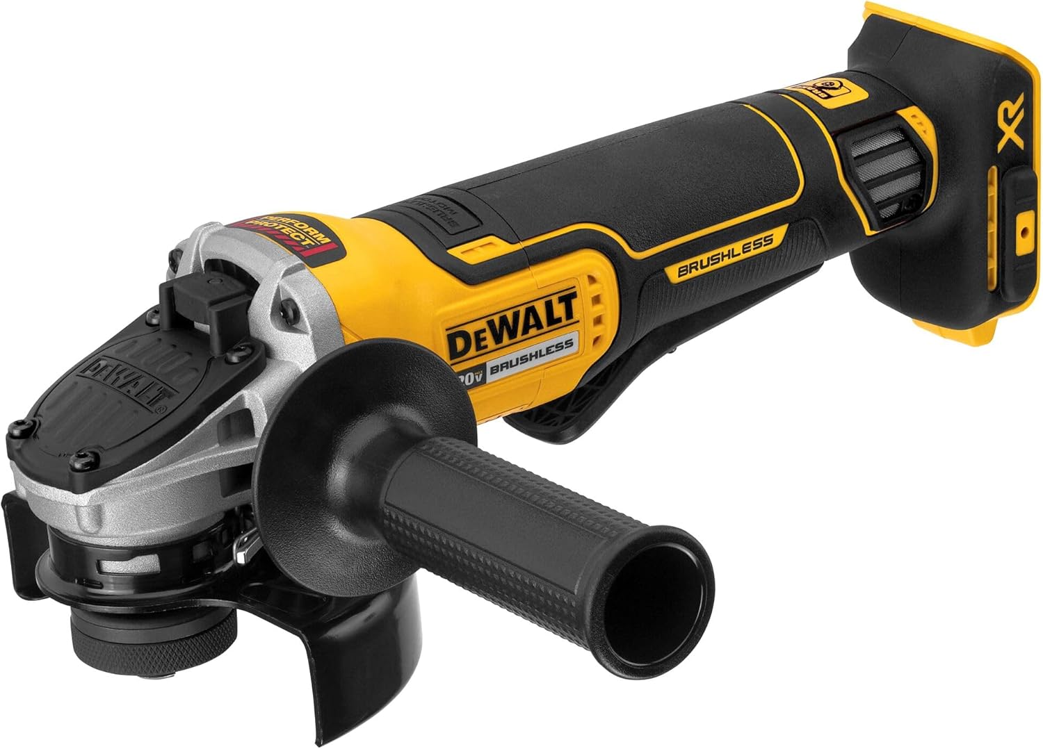 DEWALT cordless angle grinder tool with yellow and black grip, side handle and guard