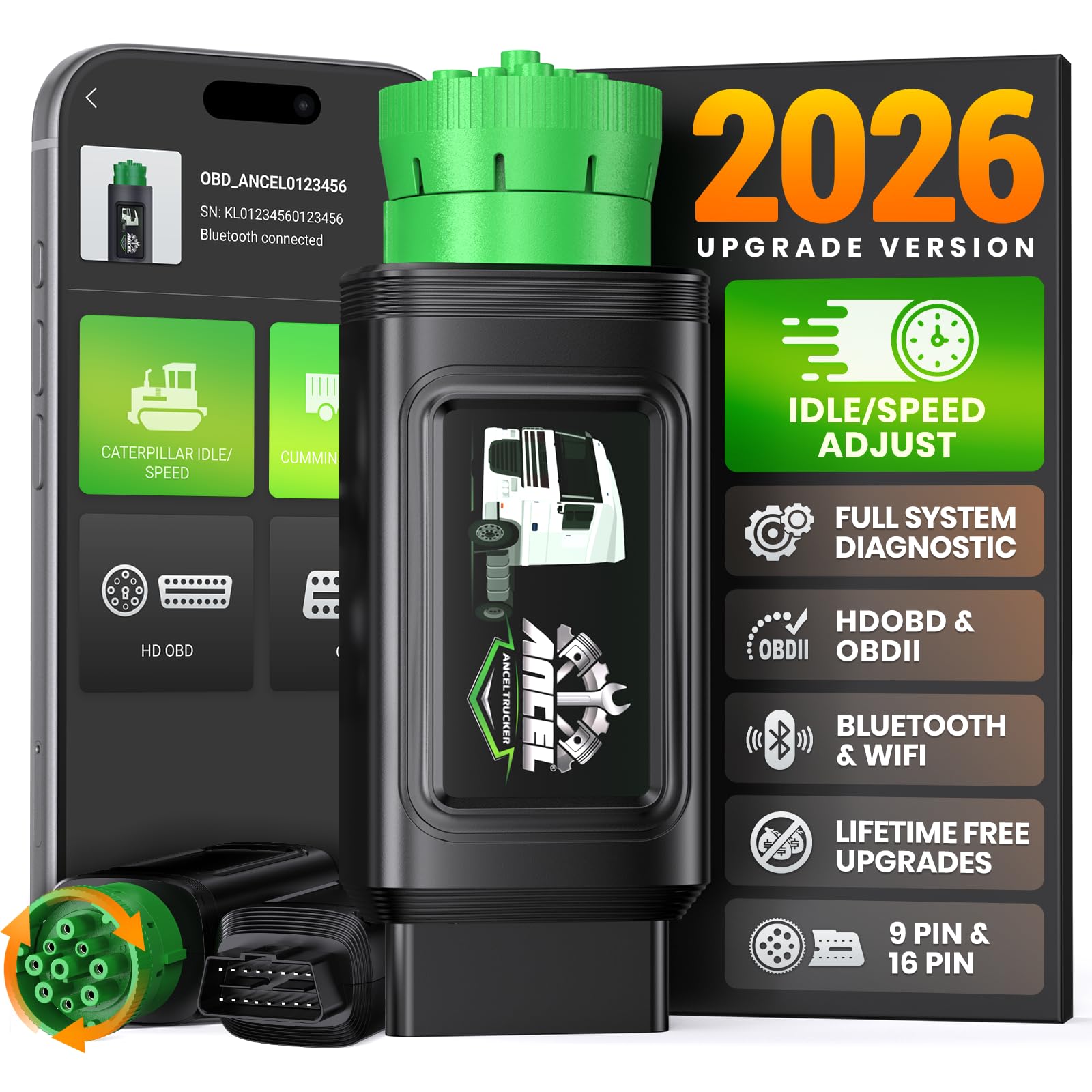 ANCEL HD200 Heavy Duty Truck Scanner, Truck & Diesel Scanner Diagnostic Tool with Full-System HDOBD/OBD2, Speed & Idle Reset for Cummins & Caterpillar, J1939/J1708 Scan Tool, Lifetime Free Updates
