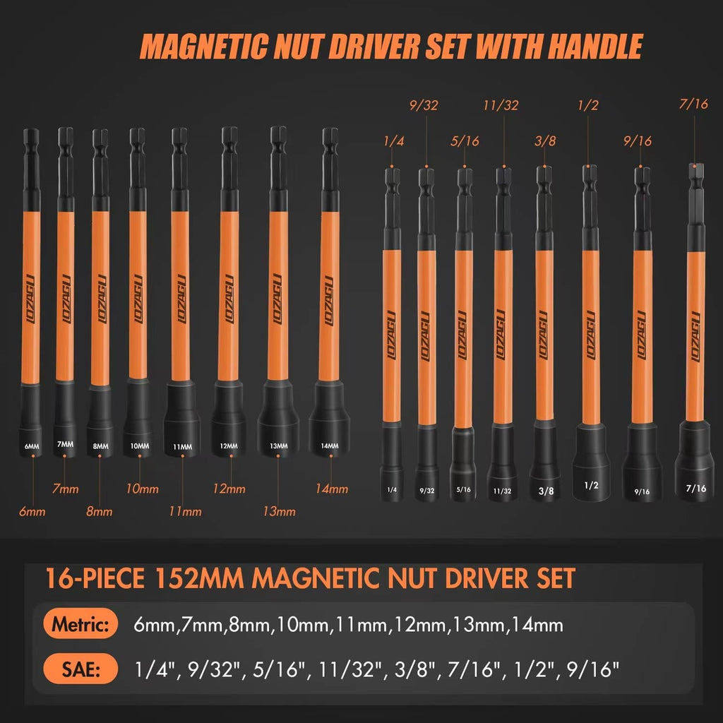 LOZAGU 16Pcs Long Magnetic Nut Driver Set for Impact Drill | 6 Inch Long Nut Driver Set | SAE and Metric | 1/4 Inch Hex Shank | Cr-V Steel (16PCS Magnetic Nut Driver (Long))