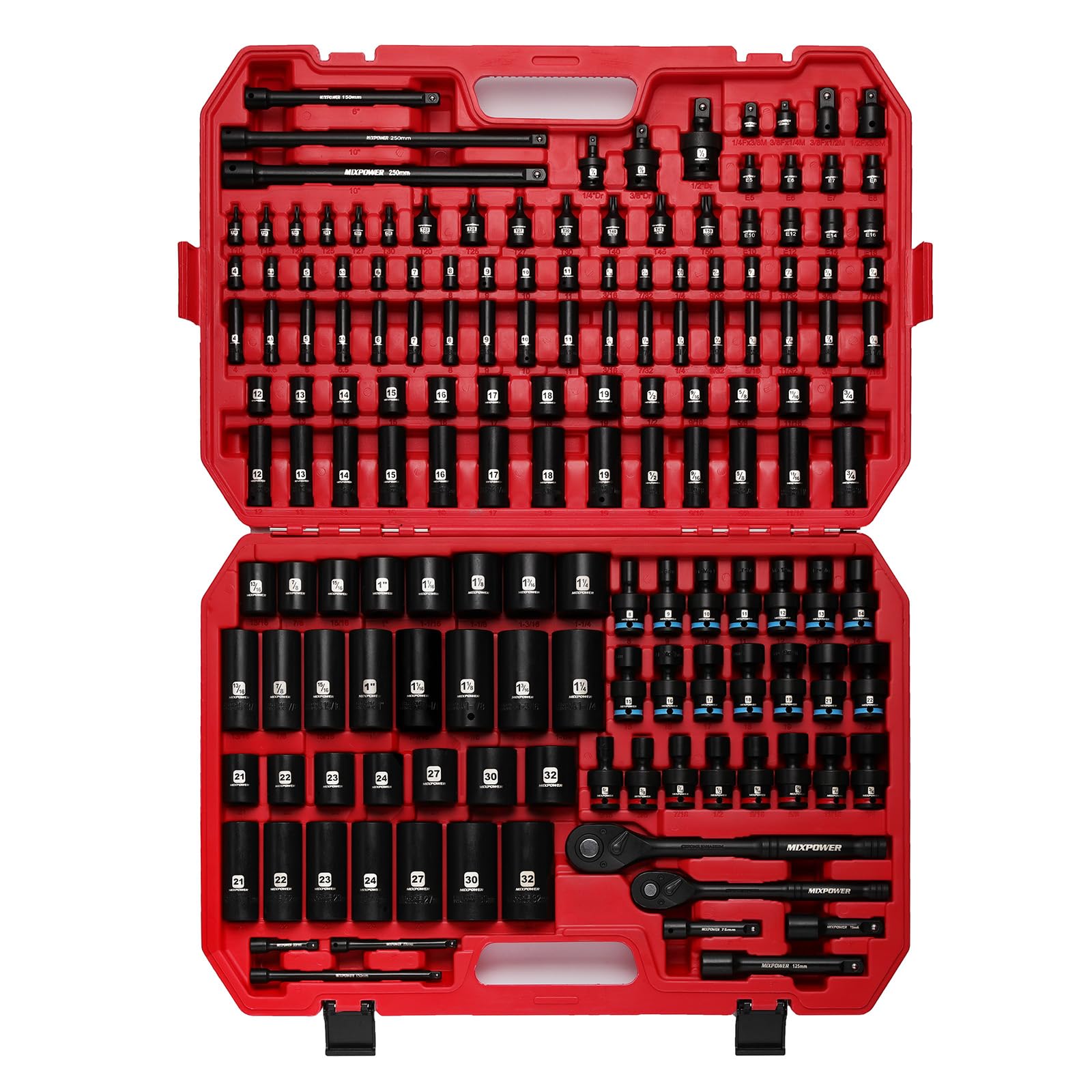 MIXPOWER 153 Pieces 1/4"&3/8"&1/2" Drive Mechanic Tool Set,Metric/SAE,6-Point,Deep and Shallow Sockets,Impact Universal Joint Swivel Sockets,Impact Socket Extension Bar