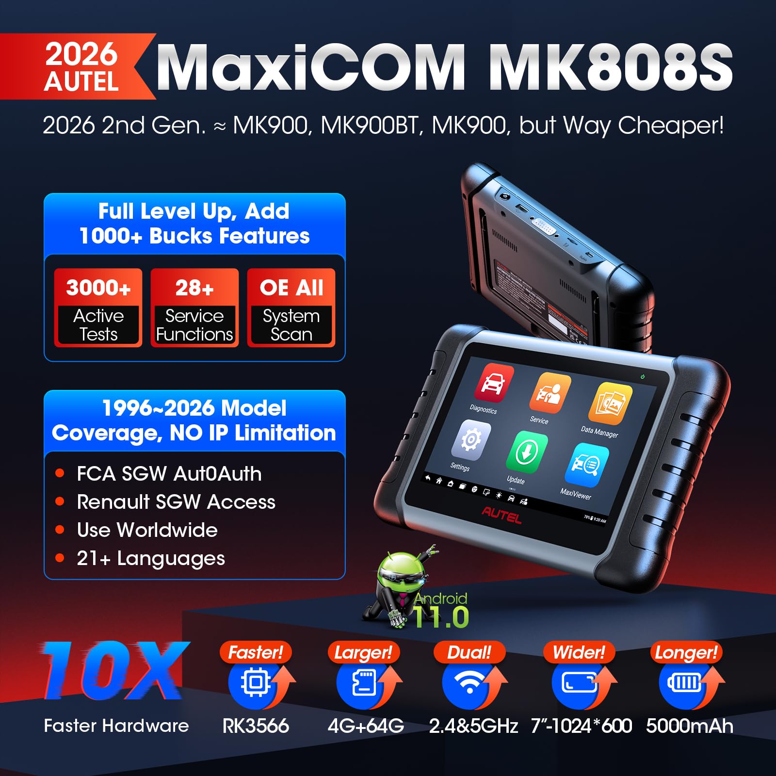 Autel MaxiCOM MK808S Bidirectional Scanner: 2026 Same as MaxiCheck MX808S MX900 MK900BT MK808BT Pro, 3000+ Active Test, 28+ Service for 200+ Brands, OBD2 All System Diagnose, FCA Autoauth & SGW, OS 11