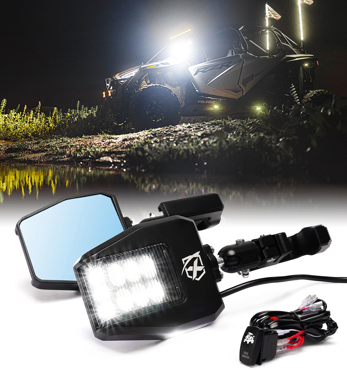 Xprite UTV LED Side Rear View Mirrors Light Aluminum w/Puddle Lights, Fits 1.75"-2 Inch Roll Cage Bar for Polaris RZR Pioneer, SXS, Can-Am X3, Kawasaki Teryx Mule, Yamaha Rhino Wolverine