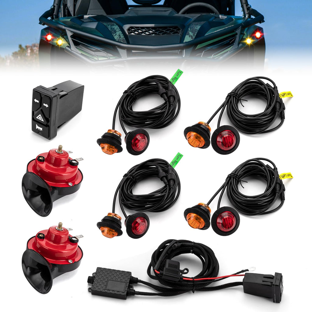 Wsays ATV UTV Turn Signal Kit with Dual 115dB Horn, Plug & Play, Pre-Wired with 4-Button Switch, Hazard Light Compatible with Polaris RZR/Ranger, Fit Can-Am Maverick X3/Defender fit Golf Carts
