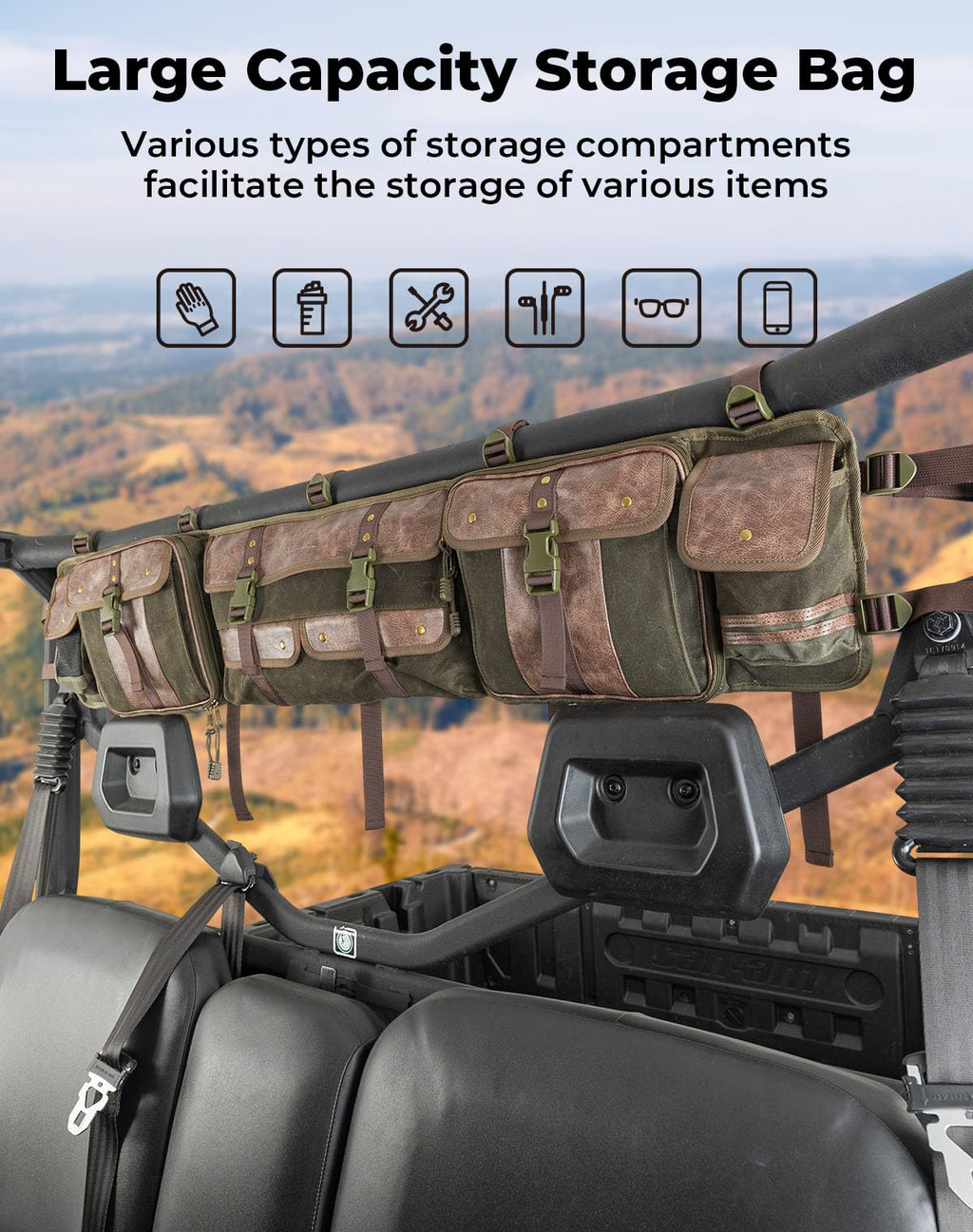 KEMIMOTO UTV Roll Cage Organizer Bag Leather, Water-Resistant Canvas Overhead Storage Bags, UTV Roll Bar Storage, Army Green, Compatible with Ranger RZR Pioneer Talon,Defender