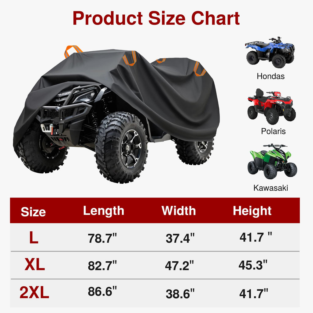 ATV cover for four-wheeler, dark gray with orange straps; size chart shown