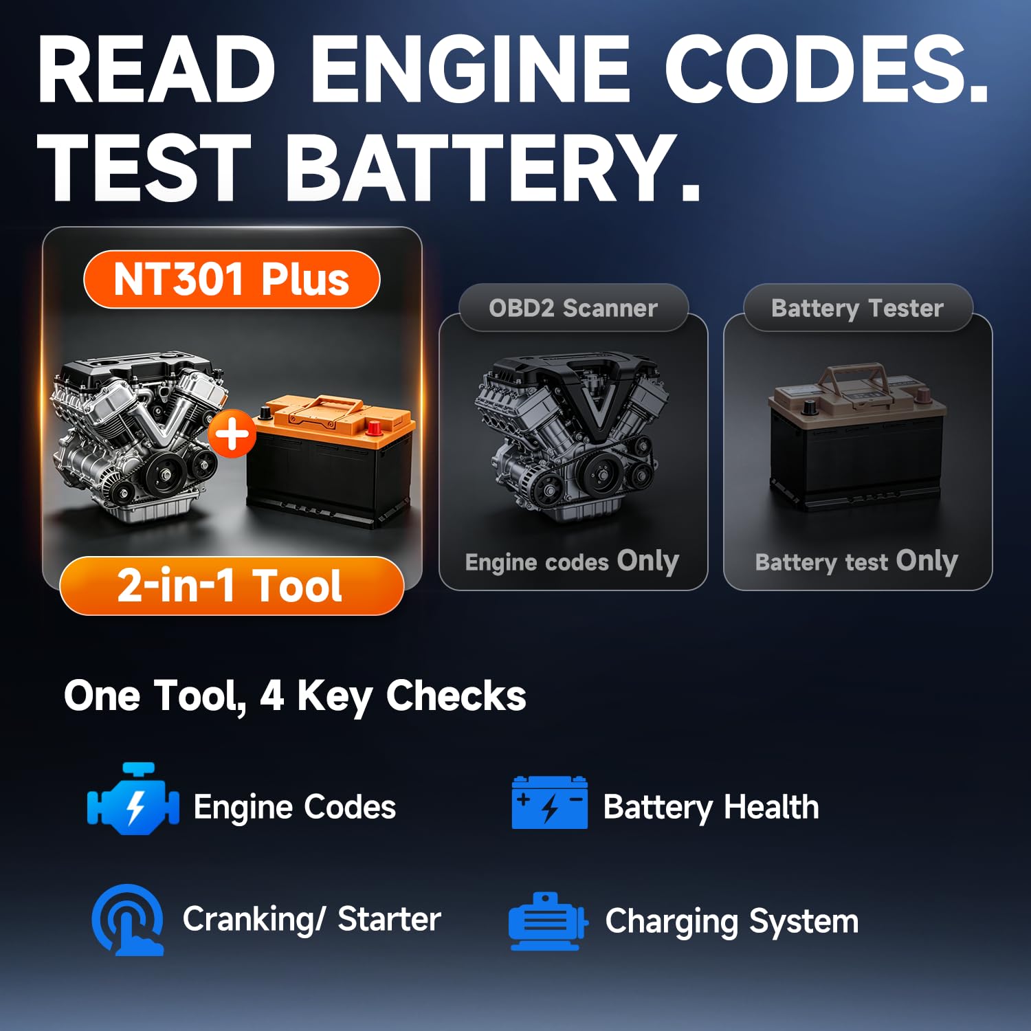 FOXWELL 2-in-1 NT301 Plus OBD2 Scanner with 12V Battery Tester, Check Engine Light Code Reader, Car Battery/Starter/Charging System Test, Live Data Diagnostic Tool for 1996+ OBDII Vehicles