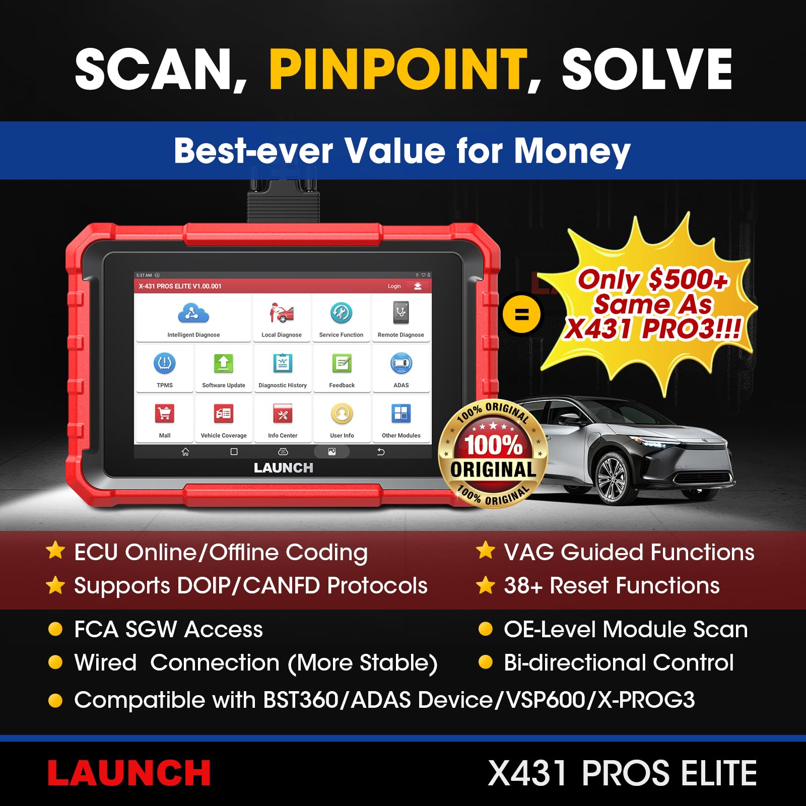 Launch X431 PROS Elite 2026 New Bidirectional Scan Tool, 38+ Services, ECU Coding, All-in-One Full System Diagnostic Scanner, Support CANFD&DoIP, FCA AutoAuth, V.A.G Guided, 2 Years Free Update