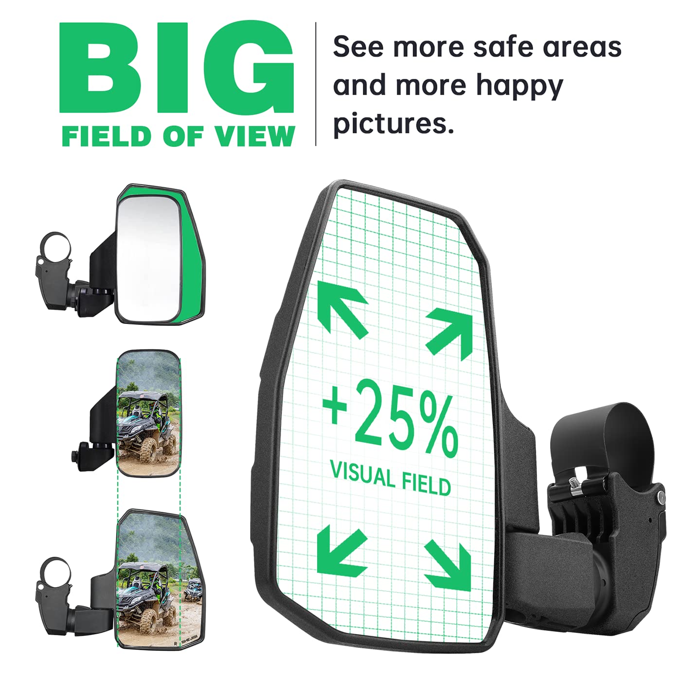 UTV Mirror+Side Mirrors Set for 1.5-2.0 Inch Roll Cage, Compatible with Polaris RZR、Can am Maverick、Honda Pioneer Talon SXS、Kawasaki Mule KRX、Yamaha Wolverine YXZ、RTV、JD Gator、CF Zforce
