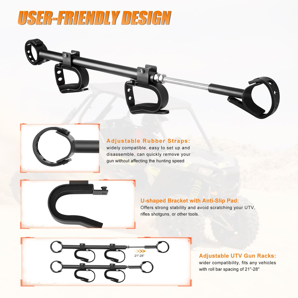 Drieaco UTV Overhead Gun Rack Fits 21-28" Spacing Roll Bars, Adjustable UTV Gun Holder Rifle Rack for Polaris Ranger Honda Pioneer Mule Uforce, Shovel Mount Bow Metal Holder Hunting Tool Roof Racks
