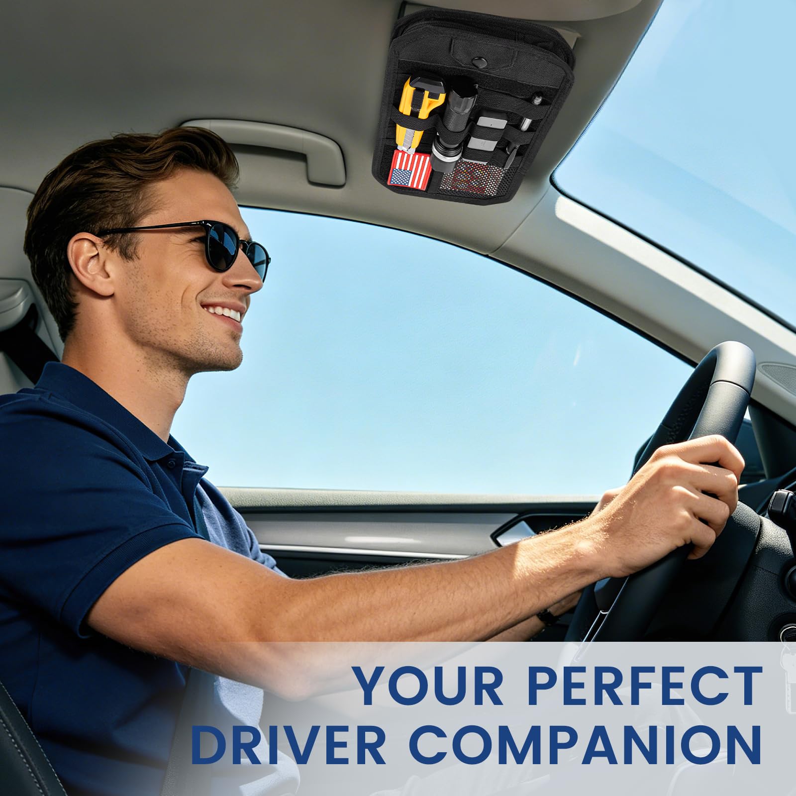 Car Sun Visor Organizer, Multi-Pocket Tactical Visor Storage with Zipper and Sunglasses Holder Clip, Semi-Rigid Molle Panel Car Visor Accessories for Truck, SUV, Patrols, Pickups