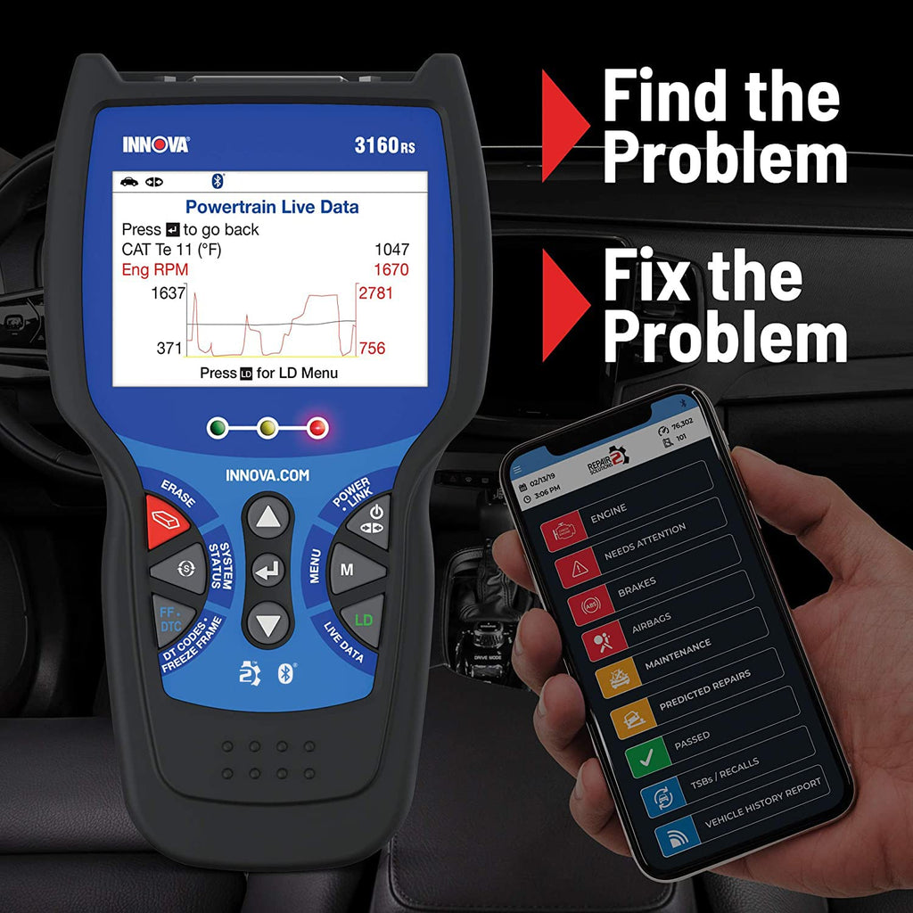 INNOVA 3160RS OBD2 Scanner, ABS Brake Bleeder, ABS SRS Engine Transmission Diagnoses, Clear Trouble Codes, Car Battery Tester & Alternator Tester, Battery Reset, Fix & Parts Recommendations