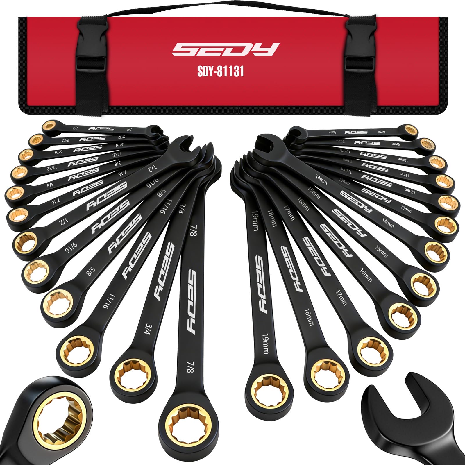 Premium 24-Piece Ratcheting Wrench Set, SAE(1/4-7/8") & Metric(8–19mm) Combination Wrenches, 72-Tooth CR-V Steel with Durable Black Finish, Ratchet Spanners with Roll-Up Tool Pouch for Repair