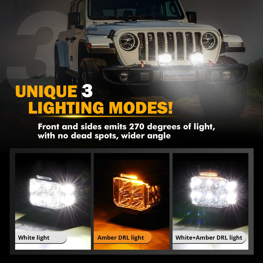 Auxbeam 4" 92W Cube LED Pod with Amber DRL, V-MAX Series Offroad Pod Lights with Side Shooter & Amber Covers, Offroad LED Cube Offroad Square Light 270°Combo Beam Auxiliary Light for Truck Jeep ATV