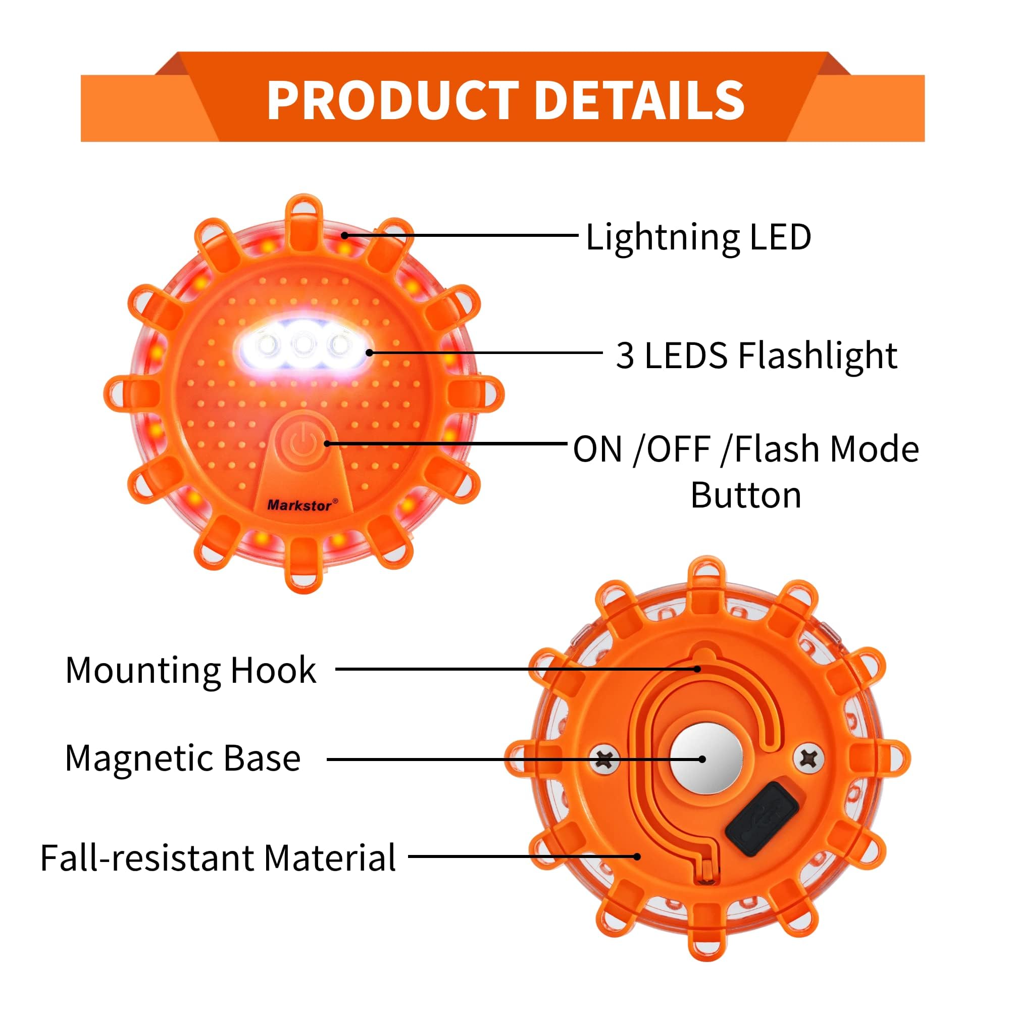 Markstor Led Road Flares 6 Pack LED Flares Emergency Kit Recharge LED Flares with Magnetic Roadside Safety Disc Flares Kit with Breaker Whistle for Vehicle