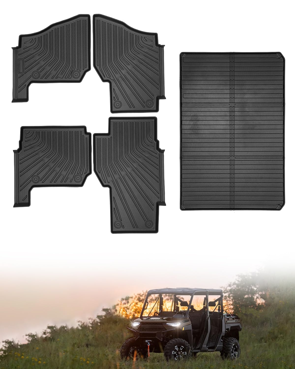 TPE Floor & Bed Mat Set for Polaris Ranger Crew XP 1000 (2019-2025) | 5 PCS All Weather Guard Custom Fit 6-Seat 2-Door UTV Rubber Liners | Non-Slip & Easy Clean Car Mat Cargo Liners Accessories