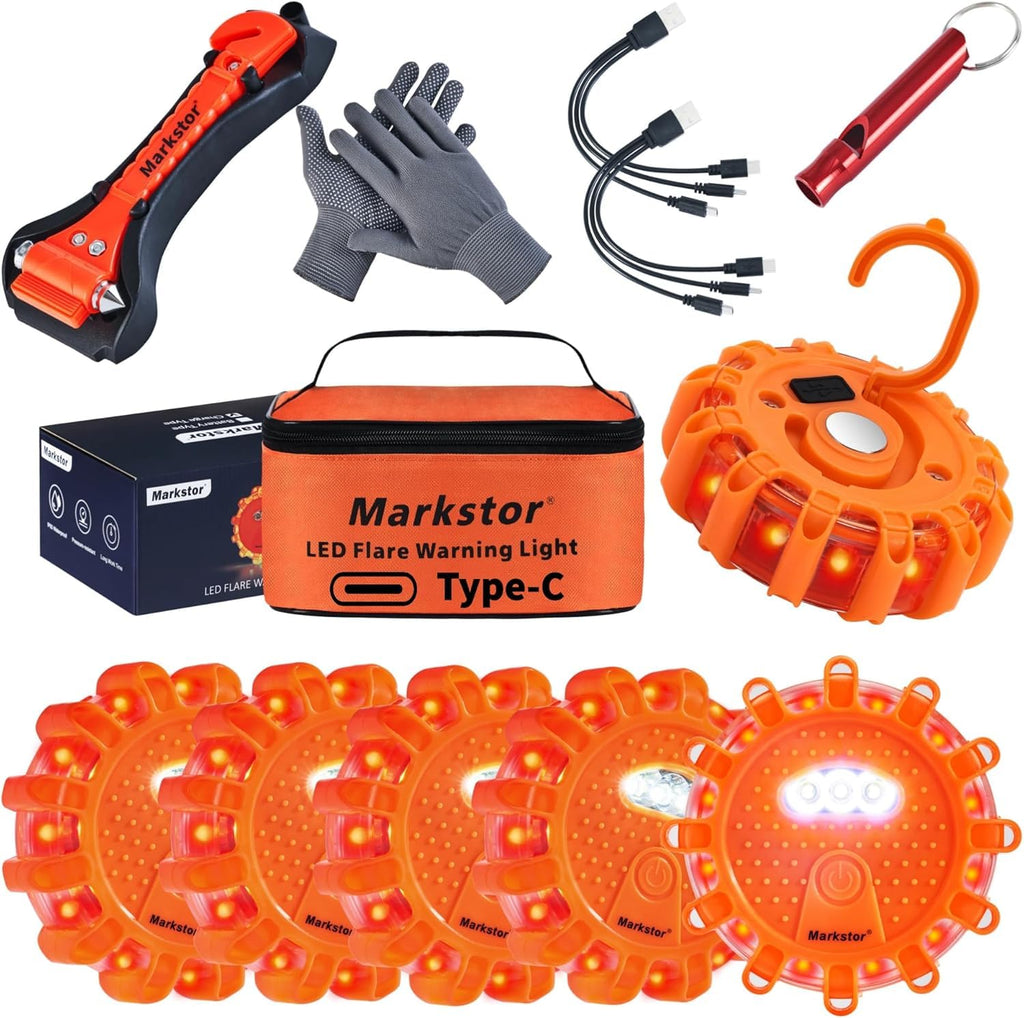 Markstor Led Road Flares 6 Pack LED Flares Emergency Kit Recharge LED Flares with Magnetic Roadside Safety Disc Flares Kit with Breaker Whistle for Vehicle