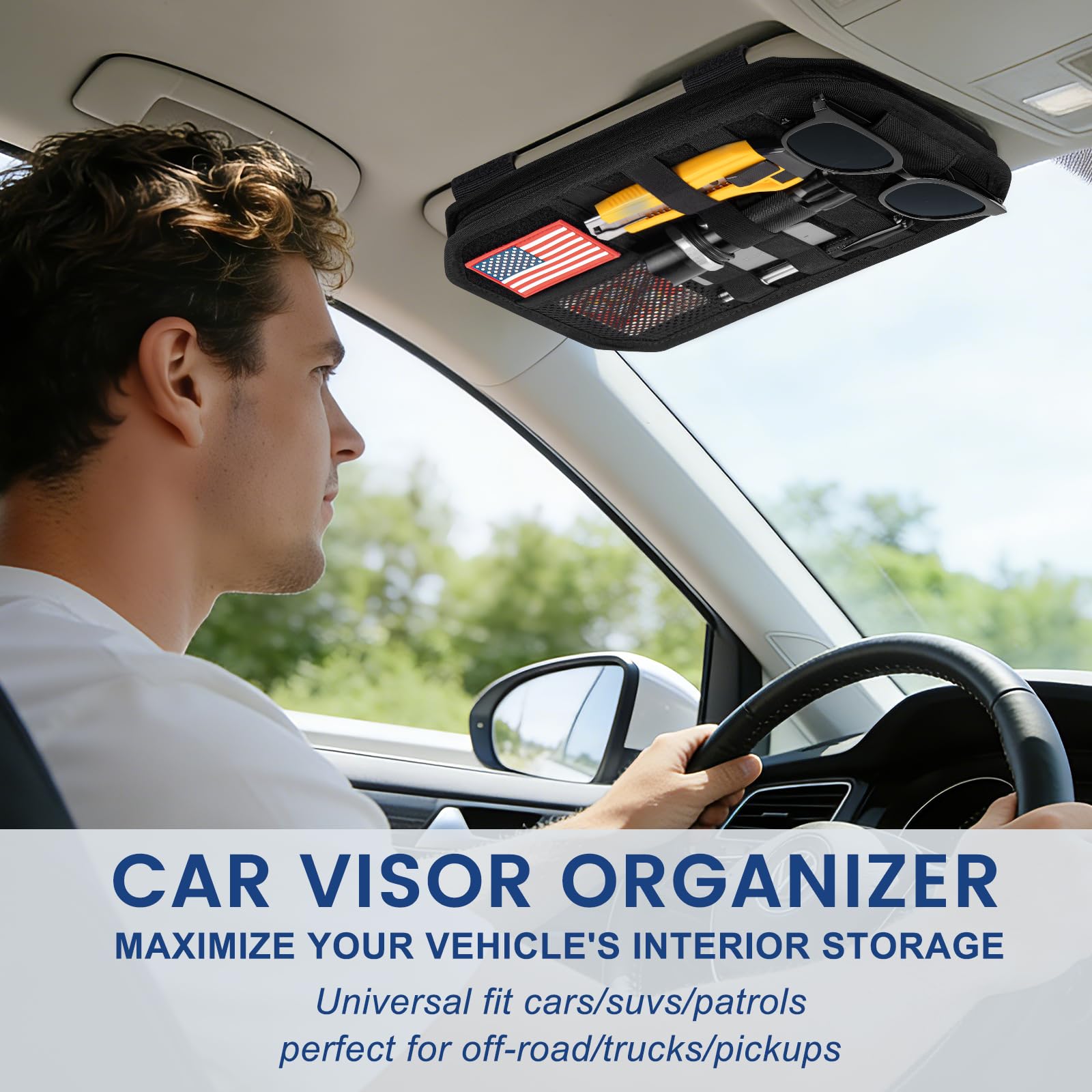 Car Sun Visor Organizer, Multi-Pocket Tactical Visor Storage with Zipper and Sunglasses Holder Clip, Semi-Rigid Molle Panel Car Visor Accessories for Truck, SUV, Patrols, Pickups