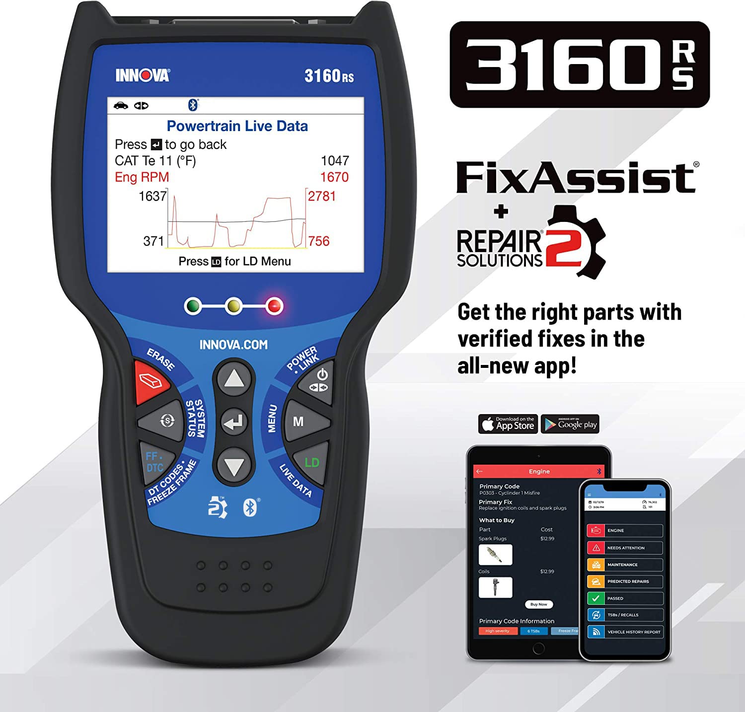INNOVA 3160RS OBD2 Scanner, ABS Brake Bleeder, ABS SRS Engine Transmission Diagnoses, Clear Trouble Codes, Car Battery Tester & Alternator Tester, Battery Reset, Fix & Parts Recommendations