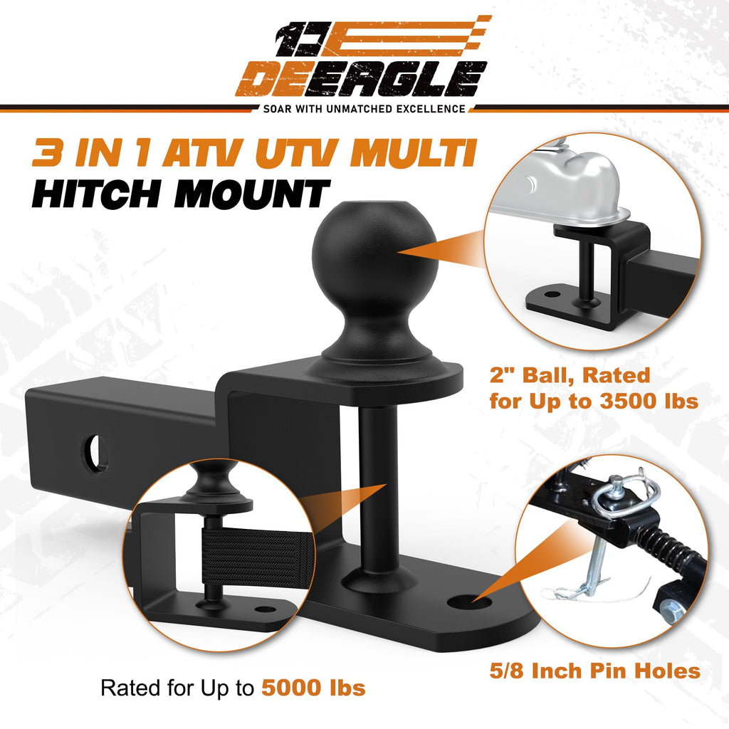 DEEAGLE ATV UTV Trailer Hitch 3 in 1 Towing Ball Mounts with 2-Inch Ball, Fits 2-Inch Receiver, Rated 5,000 Lbs for ATV UTV Accessories
