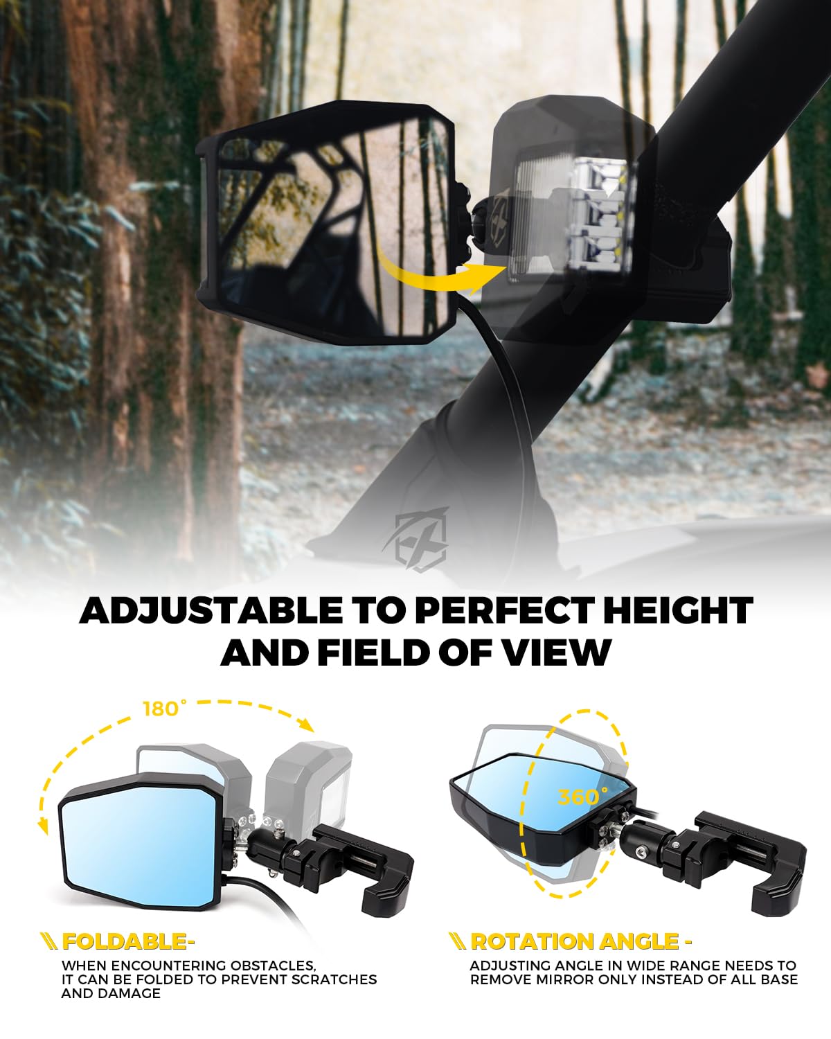 Xprite UTV LED Side Rear View Mirrors Light Aluminum w/Puddle Lights, Fits 1.75"-2 Inch Roll Cage Bar for Polaris RZR Pioneer, SXS, Can-Am X3, Kawasaki Teryx Mule, Yamaha Rhino Wolverine