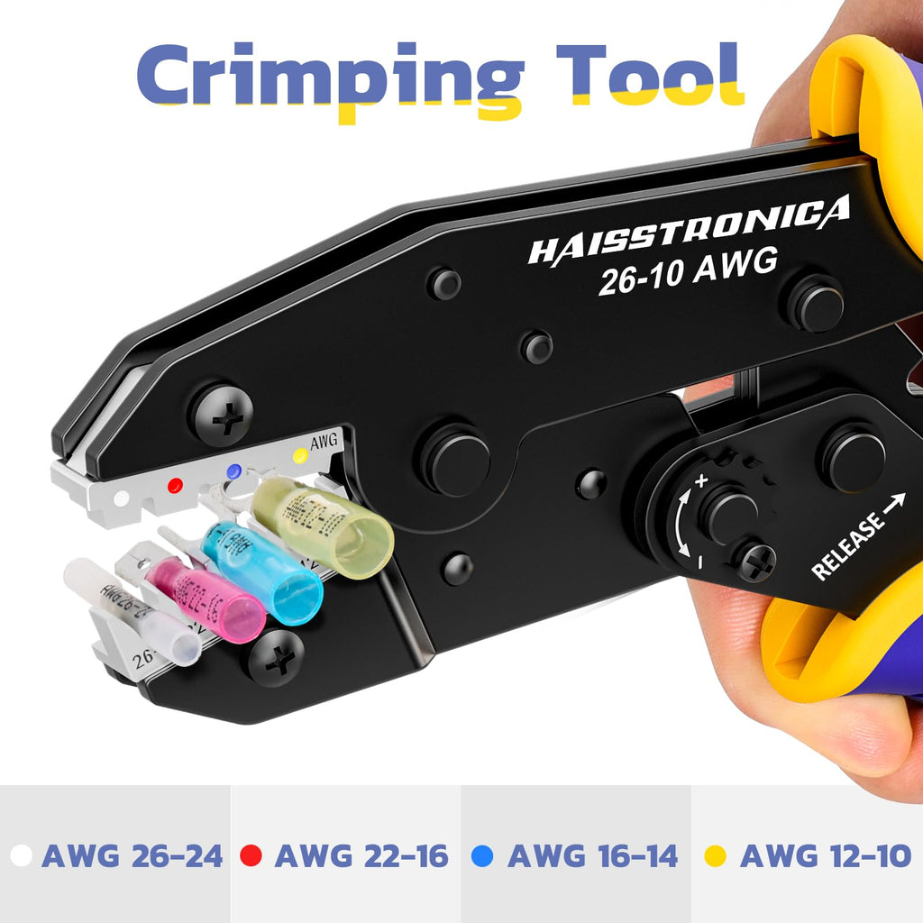 haisstronica Wire Stripper and Crimping Tool,AWG 24-10 Automatic Stripper Tool with AWG 26-10 Ratchet Wire Crimper For Heat Shrink Connectors