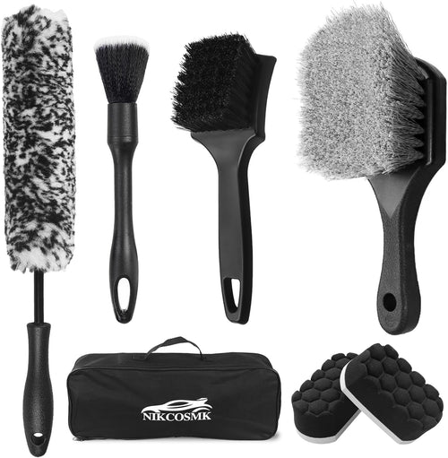 Car wheel brush set with hex foam sponges and assorted wheel brushes, plus storage bag