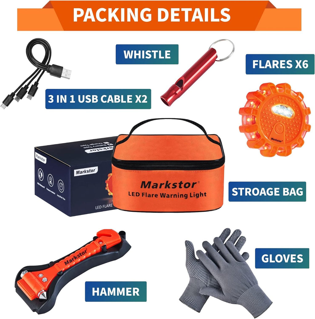 Markstor Led Road Flares 6 Pack LED Flares Emergency Kit Recharge LED Flares with Magnetic Roadside Safety Disc Flares Kit with Breaker Whistle for Vehicle