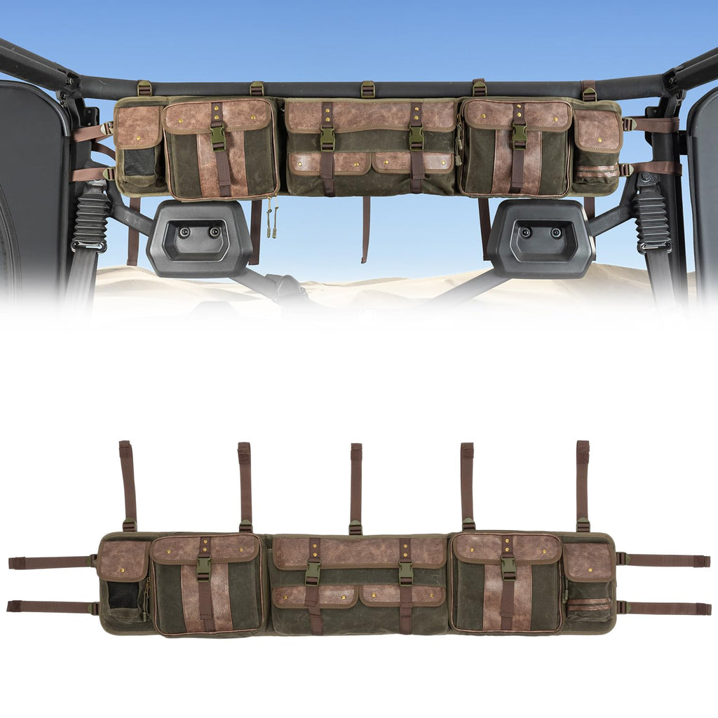 KEMIMOTO UTV Roll Cage Organizer Bag Leather, Water-Resistant Canvas Overhead Storage Bags, UTV Roll Bar Storage, Army Green, Compatible with Ranger RZR Pioneer Talon,Defender