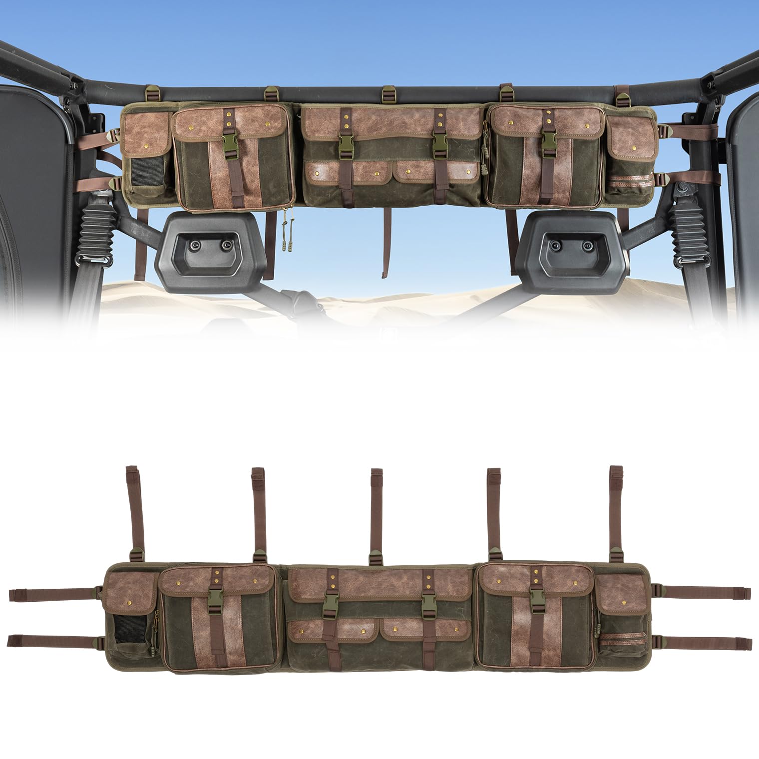KEMIMOTO UTV Roll Cage Organizer Bag Leather, Water-Resistant Canvas Overhead Storage Bags, UTV Roll Bar Storage, Army Green, Compatible with Ranger RZR Pioneer Talon,Defender