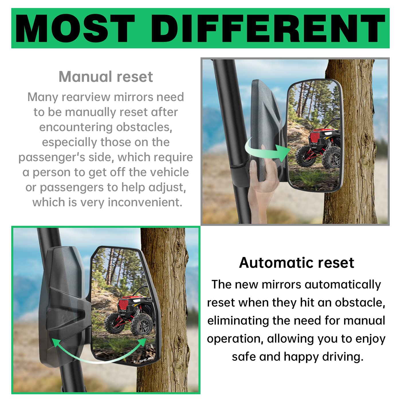 UTV Mirror+Side Mirrors Set for 1.5-2.0 Inch Roll Cage, Compatible with Polaris RZR、Can am Maverick、Honda Pioneer Talon SXS、Kawasaki Mule KRX、Yamaha Wolverine YXZ、RTV、JD Gator、CF Zforce
